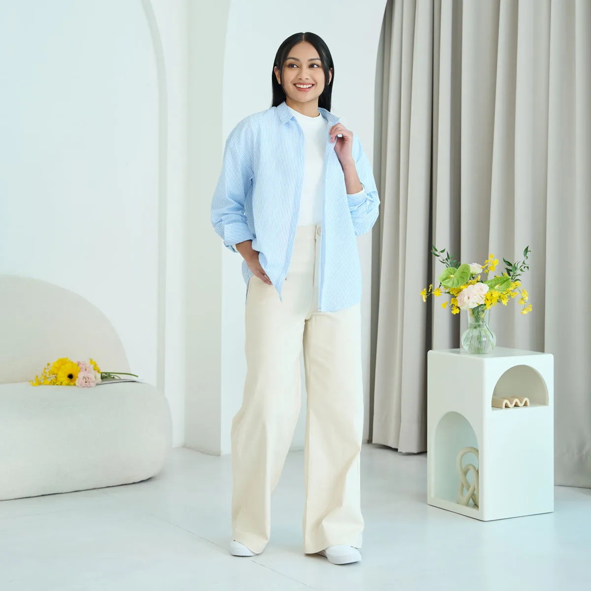 Straight-Leg Twill Stretchy Pants