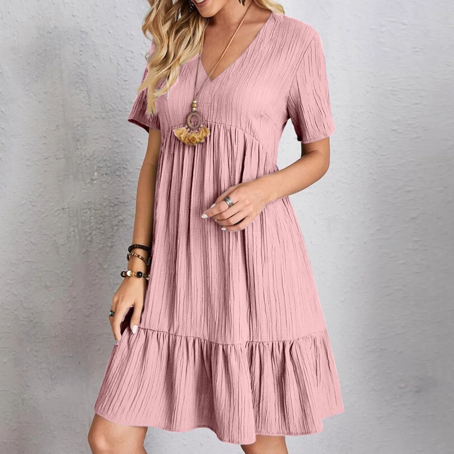 Summer Dresses for Women Casual Short Sleeve V-Neck Solid Sundress Loose Fit Pleated Vacation Beach Dress