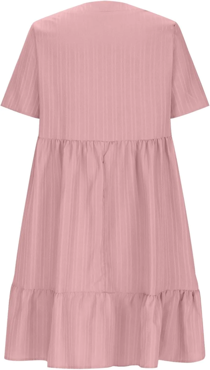 Summer Dresses for Women Casual Short Sleeve V-Neck Solid Sundress Loose Fit Pleated Vacation Beach Dress