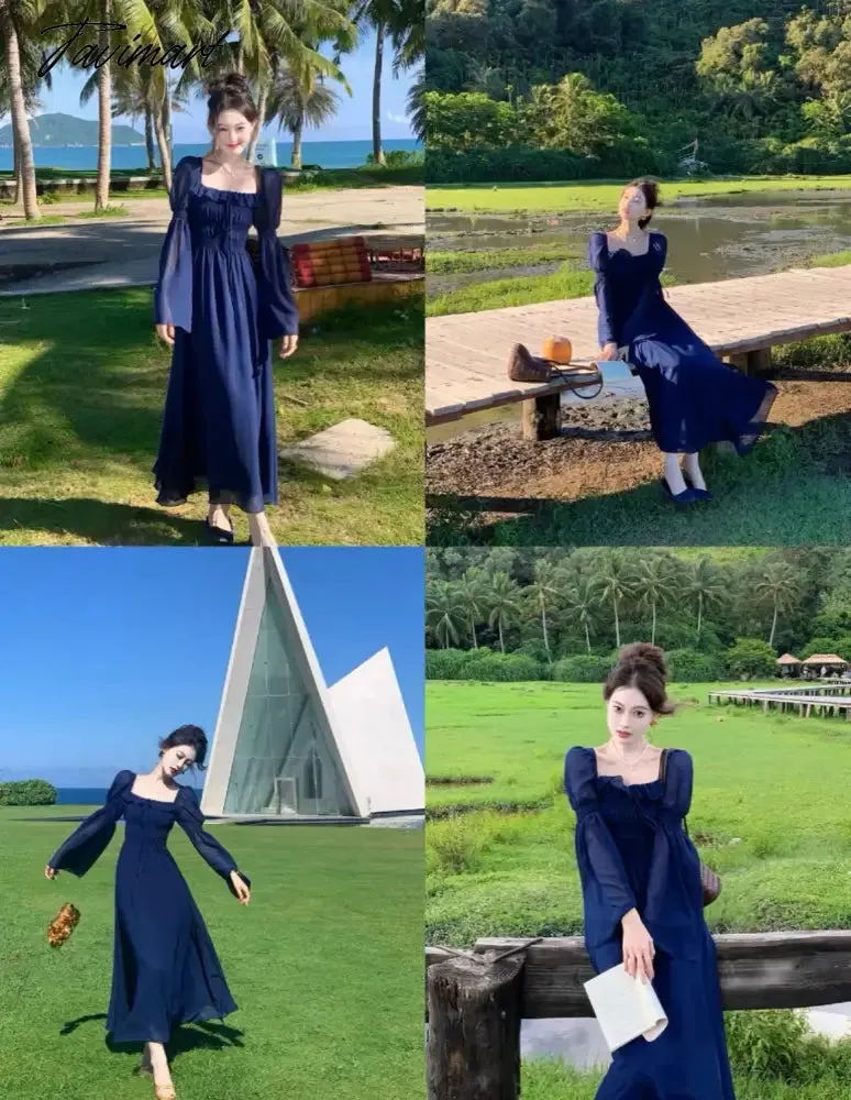 TAVIMART Blue Square Neck Lantern Sleeve Dress Women Autumn Sweet Retro Elegant High Waist Ruffles Pleated Party Sundress Simple Fashion