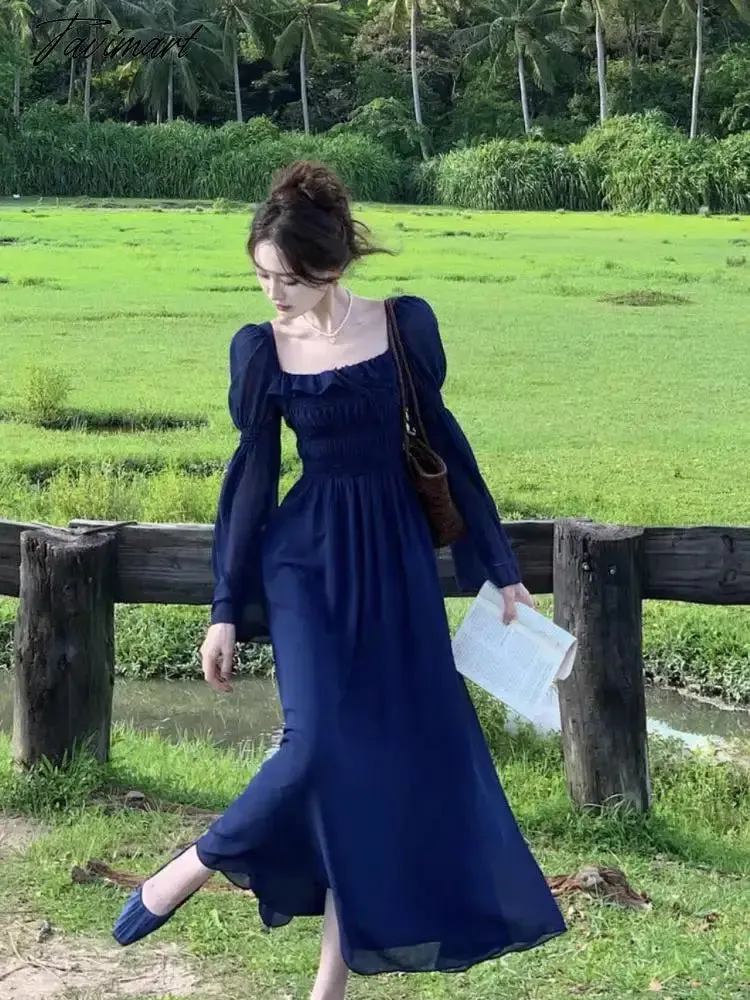 TAVIMART Blue Square Neck Lantern Sleeve Dress Women Autumn Sweet Retro Elegant High Waist Ruffles Pleated Party Sundress Simple Fashion
