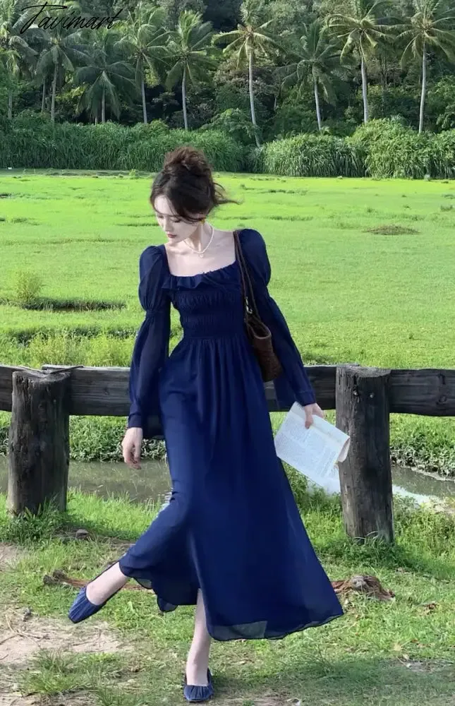 TAVIMART Blue Square Neck Lantern Sleeve Dress Women Autumn Sweet Retro Elegant High Waist Ruffles Pleated Party Sundress Simple Fashion
