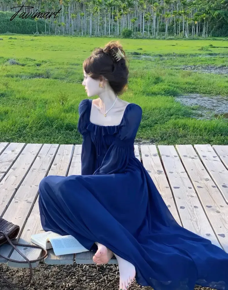 TAVIMART Blue Square Neck Lantern Sleeve Dress Women Autumn Sweet Retro Elegant High Waist Ruffles Pleated Party Sundress Simple Fashion