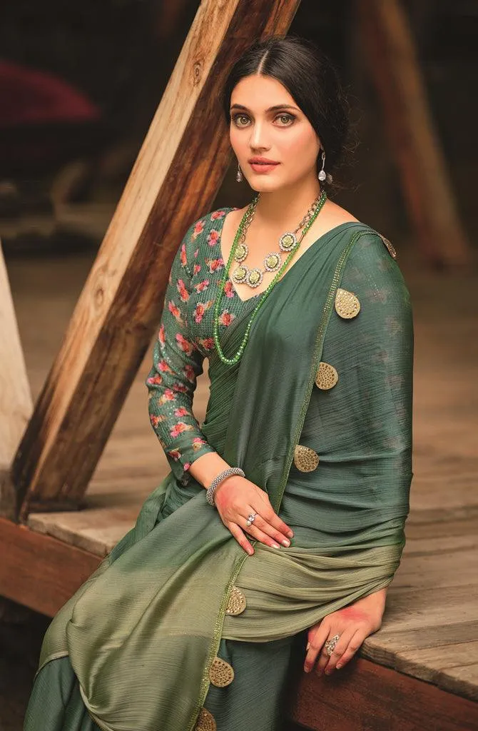 Twin Green Shaded Velvet Chiffon Saree with Sequined Blouse AN05