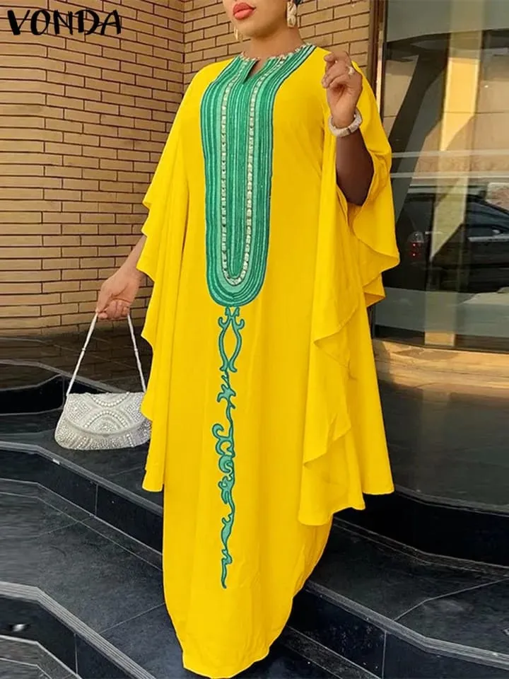 VONDA Summer Sundress Women Bohemian Casual Loose Printed Party Maxi Dress Elegant Ruffled 3/4 Bat Sleeve Beach Robe Femme L S4700128