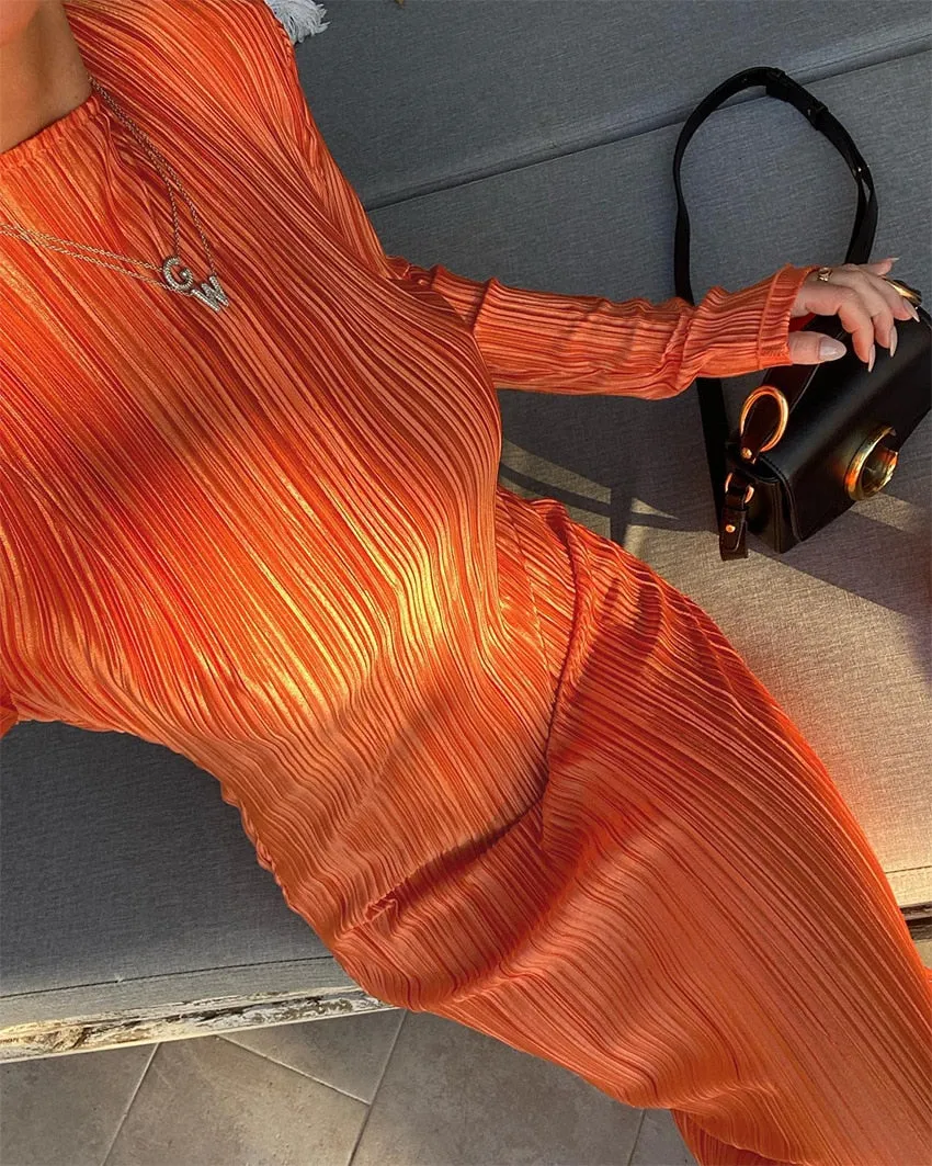 Women Dress Ripple Stretch Pleated Elegant Bodycon Long Sleeve High Waist Dresses Female
