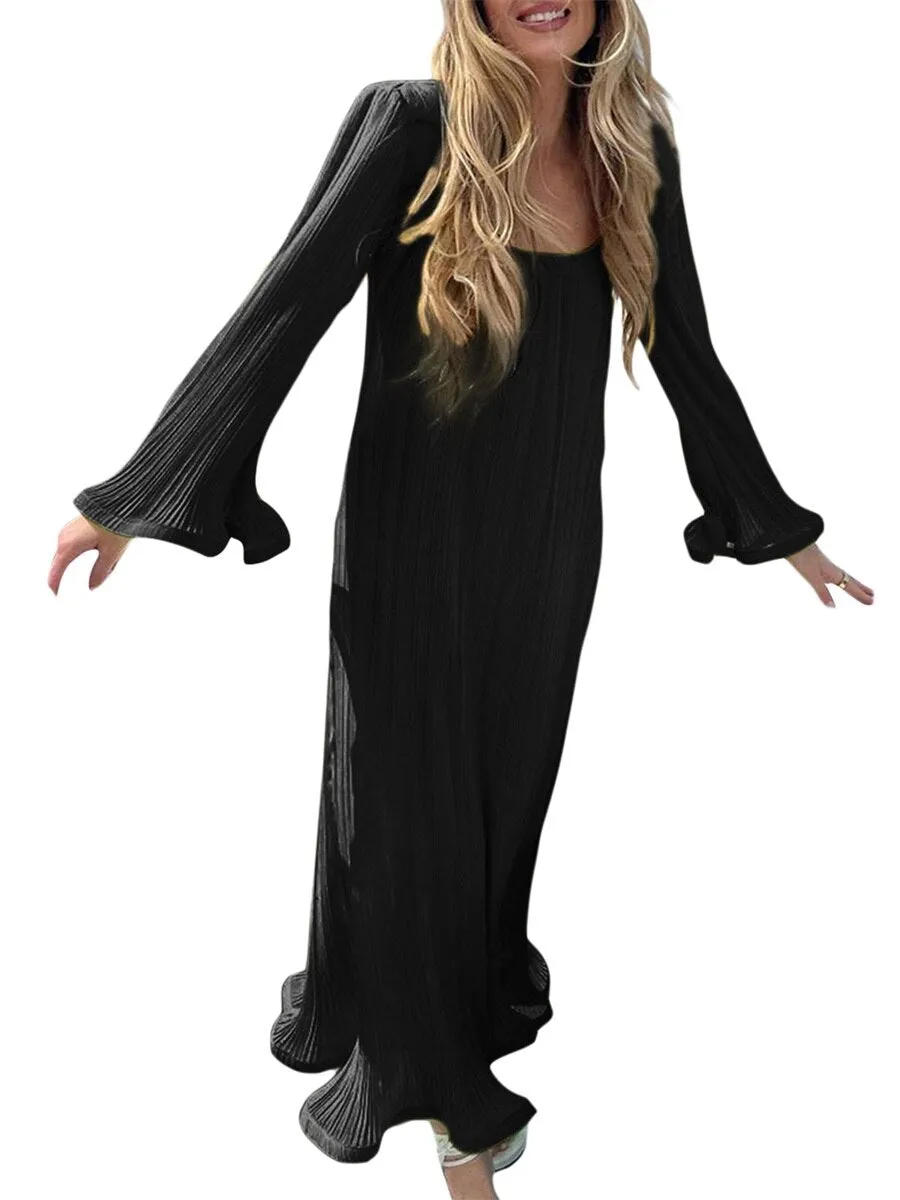 Women Dress Ripple Stretch Pleated Elegant Bodycon Long Sleeve High Waist Dresses Female