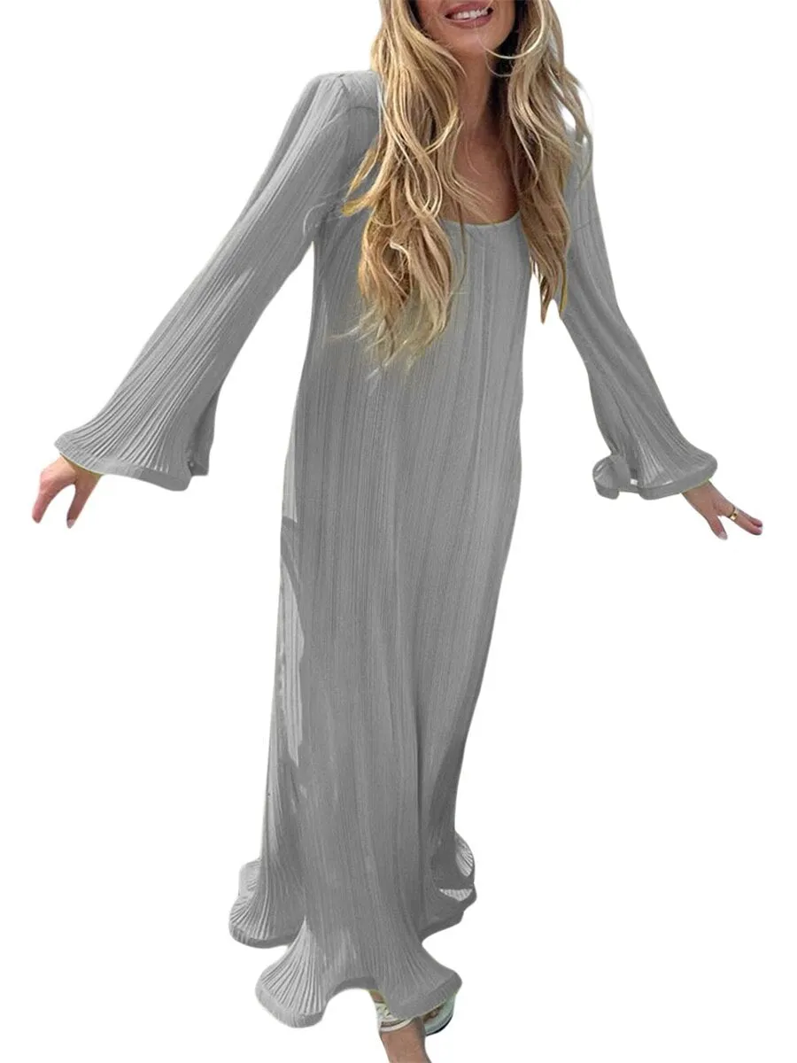 Women Dress Ripple Stretch Pleated Elegant Bodycon Long Sleeve High Waist Dresses Female