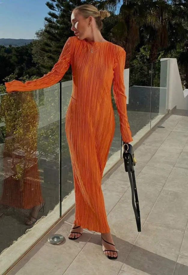Women Dress Ripple Stretch Pleated Elegant Bodycon Long Sleeve High Waist Dresses Female