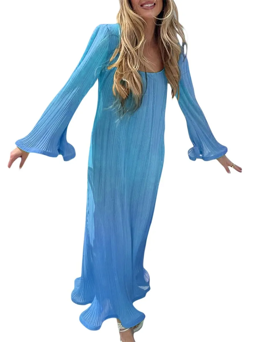 Women Dress Ripple Stretch Pleated Elegant Bodycon Long Sleeve High Waist Dresses Female
