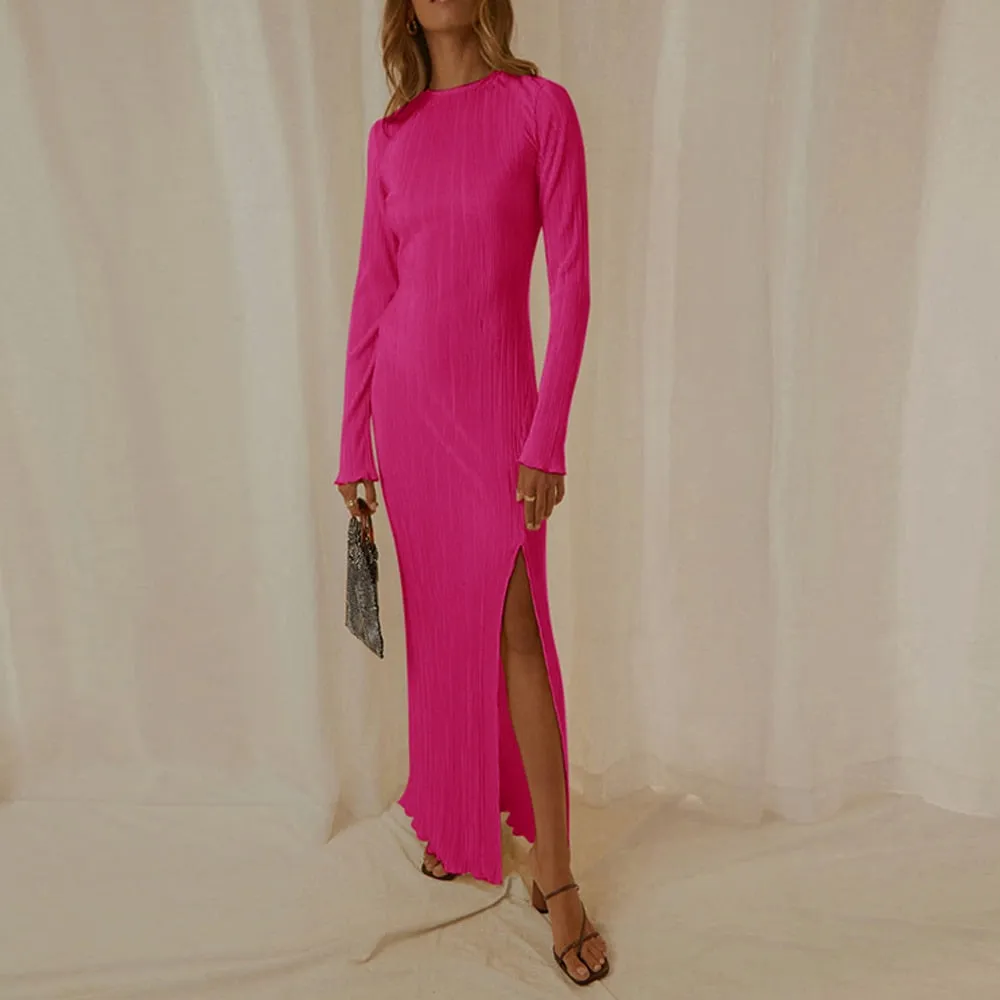 Women Dress Ripple Stretch Pleated Elegant Bodycon Long Sleeve High Waist Dresses Female