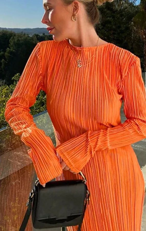 Women Dress Ripple Stretch Pleated Elegant Bodycon Long Sleeve High Waist Dresses Female