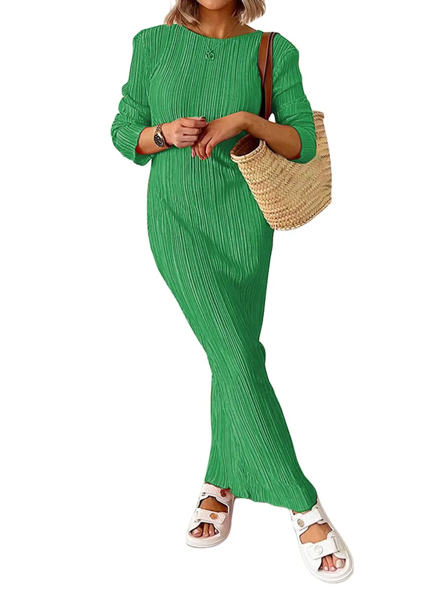 Women Dress Ripple Stretch Pleated Elegant Bodycon Long Sleeve High Waist Dresses Female