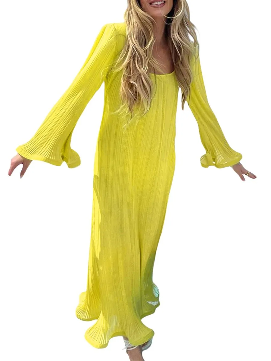 Women Dress Ripple Stretch Pleated Elegant Bodycon Long Sleeve High Waist Dresses Female