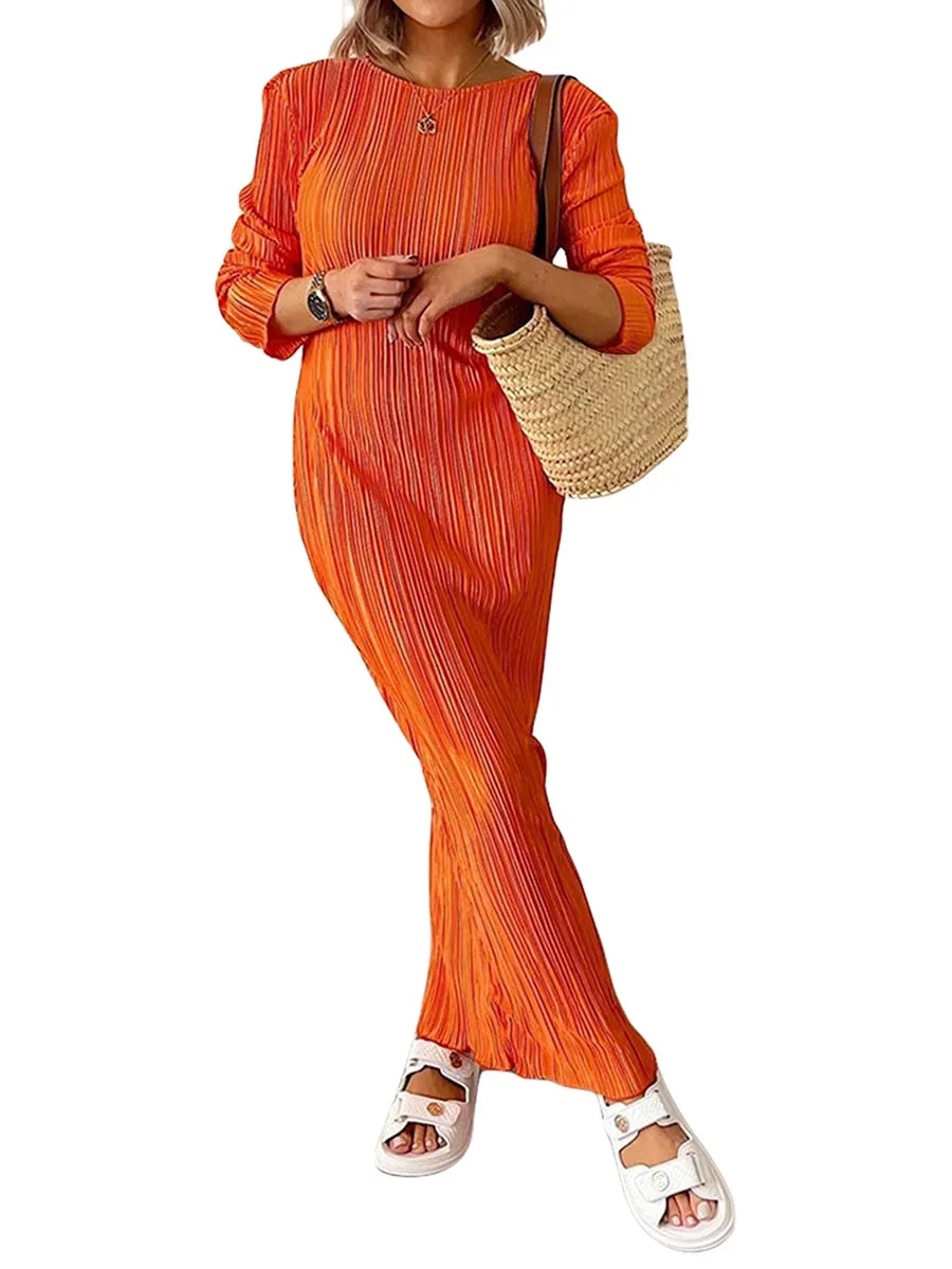Women Dress Ripple Stretch Pleated Elegant Bodycon Long Sleeve High Waist Dresses Female