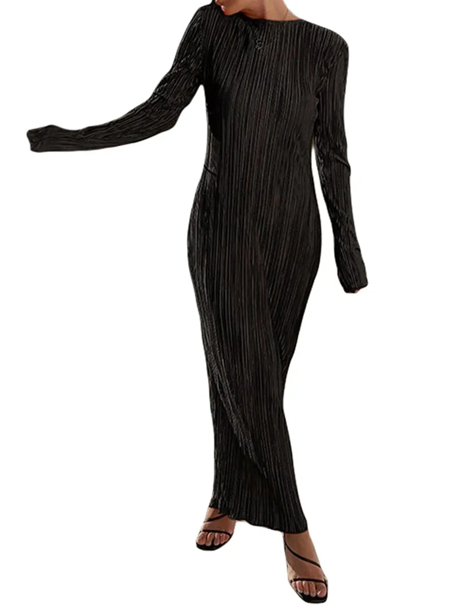 Women Dress Ripple Stretch Pleated Elegant Bodycon Long Sleeve High Waist Dresses Female