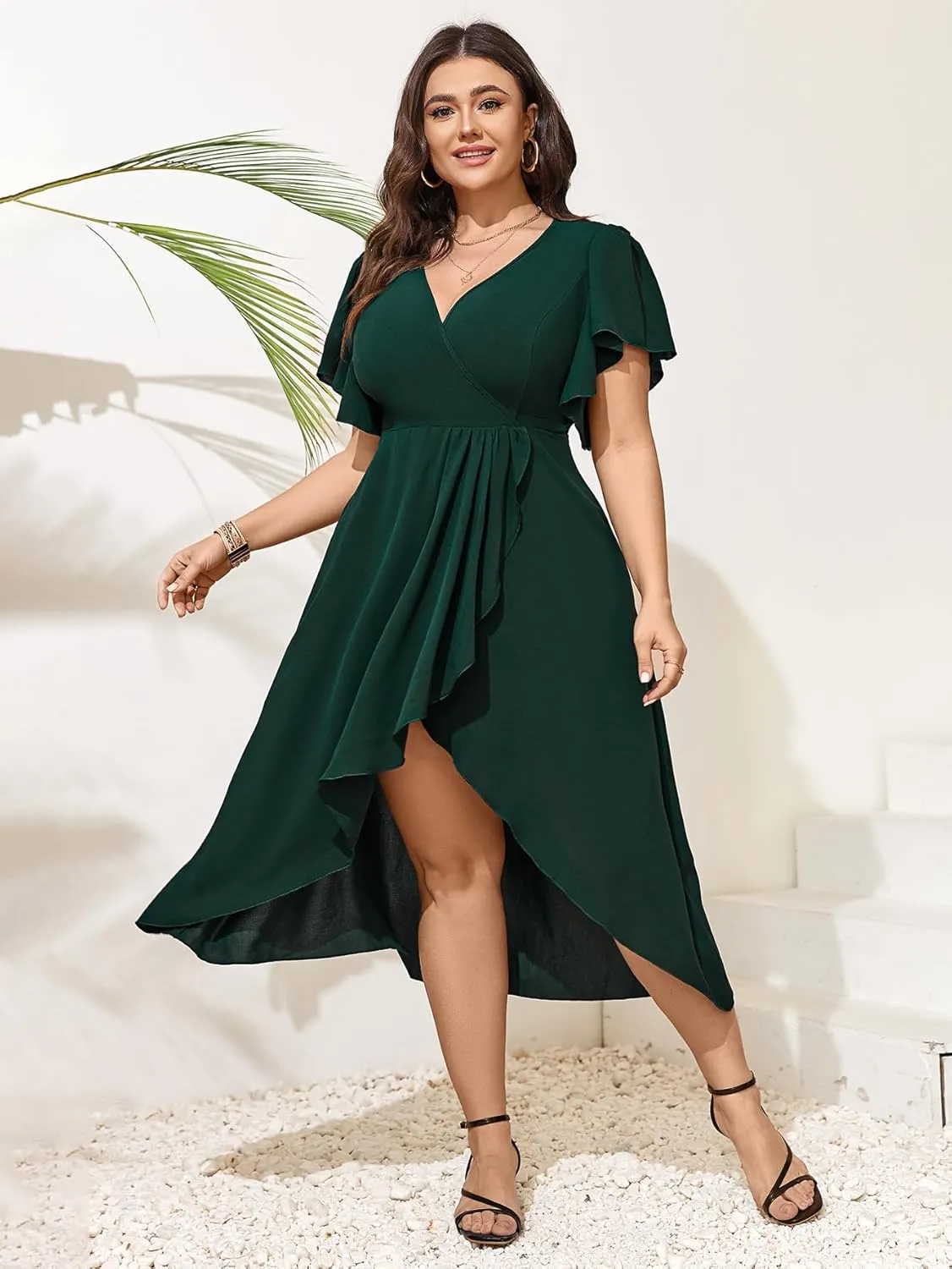 Women Plus Size Maxi Dress Short Sleeve Wrap V Neck Dress High Low Split Long Dress