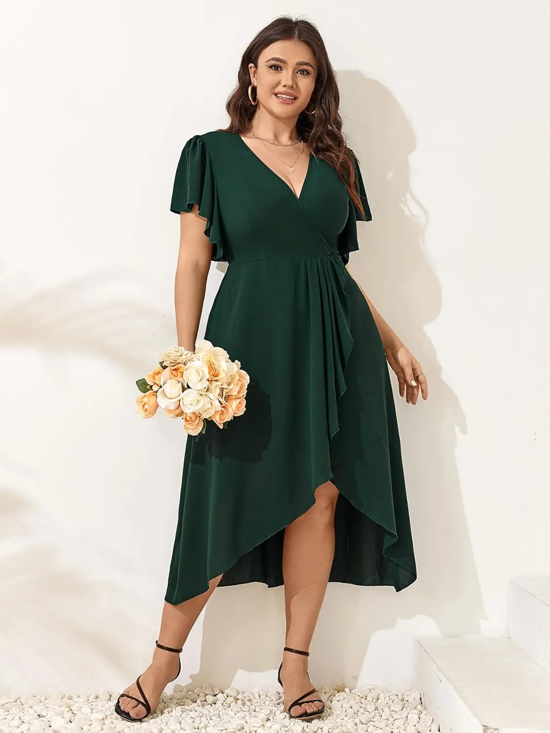 Women Plus Size Maxi Dress Short Sleeve Wrap V Neck Dress High Low Split Long Dress