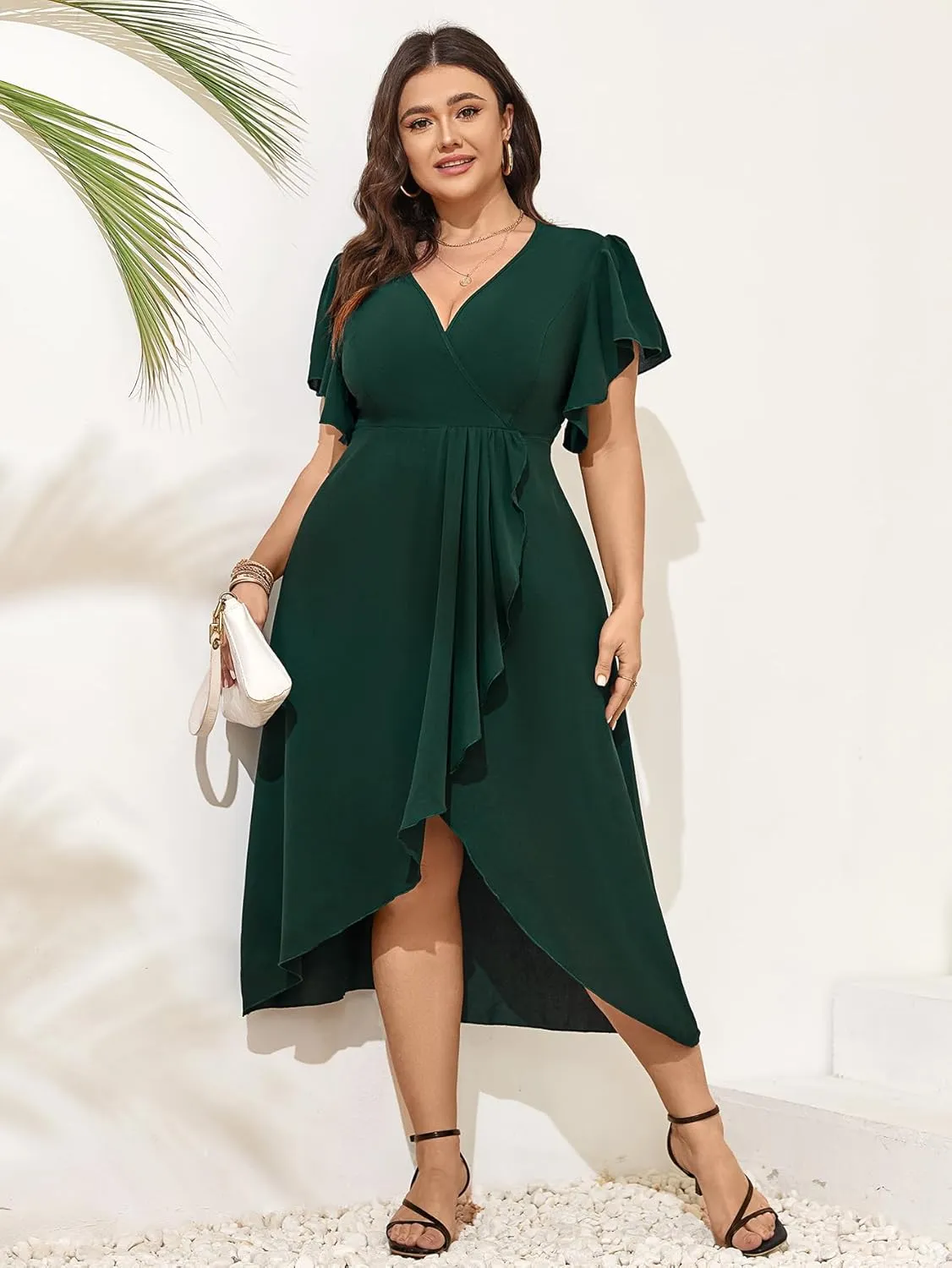 Women Plus Size Maxi Dress Short Sleeve Wrap V Neck Dress High Low Split Long Dress
