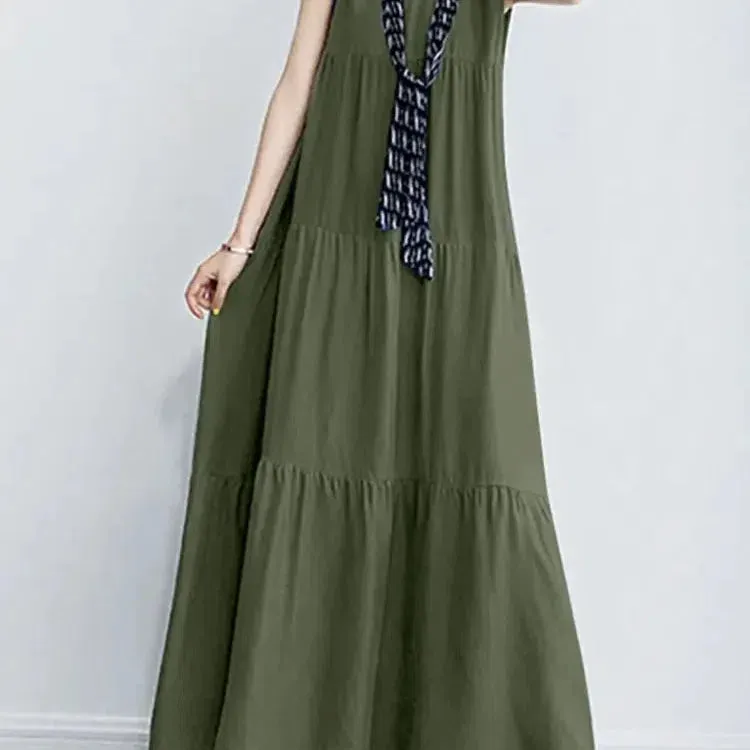Women Summer Maxi Long Dress Elegant O Neck Sleeveless Sundress Stylish Solid Ruffles Party Dress for Effortless Chic
