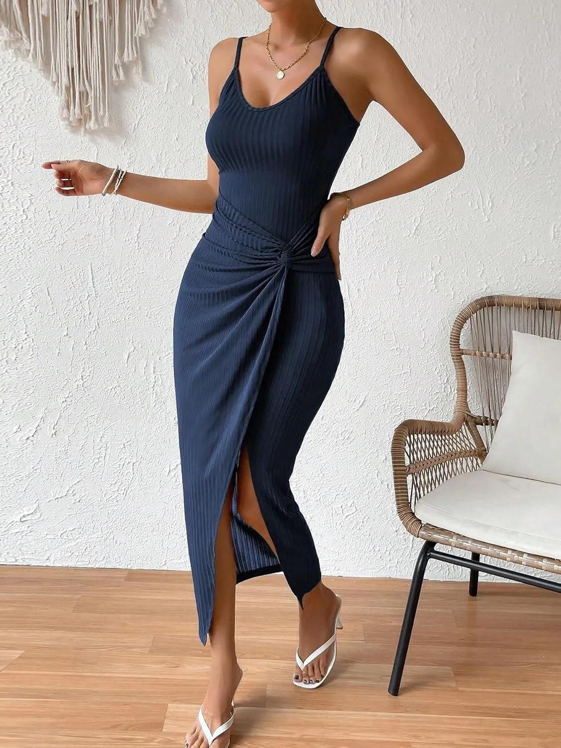 Women's 2024 Summer Cami Slip Midi Long Dress Front Wrap Hem Cami Dress