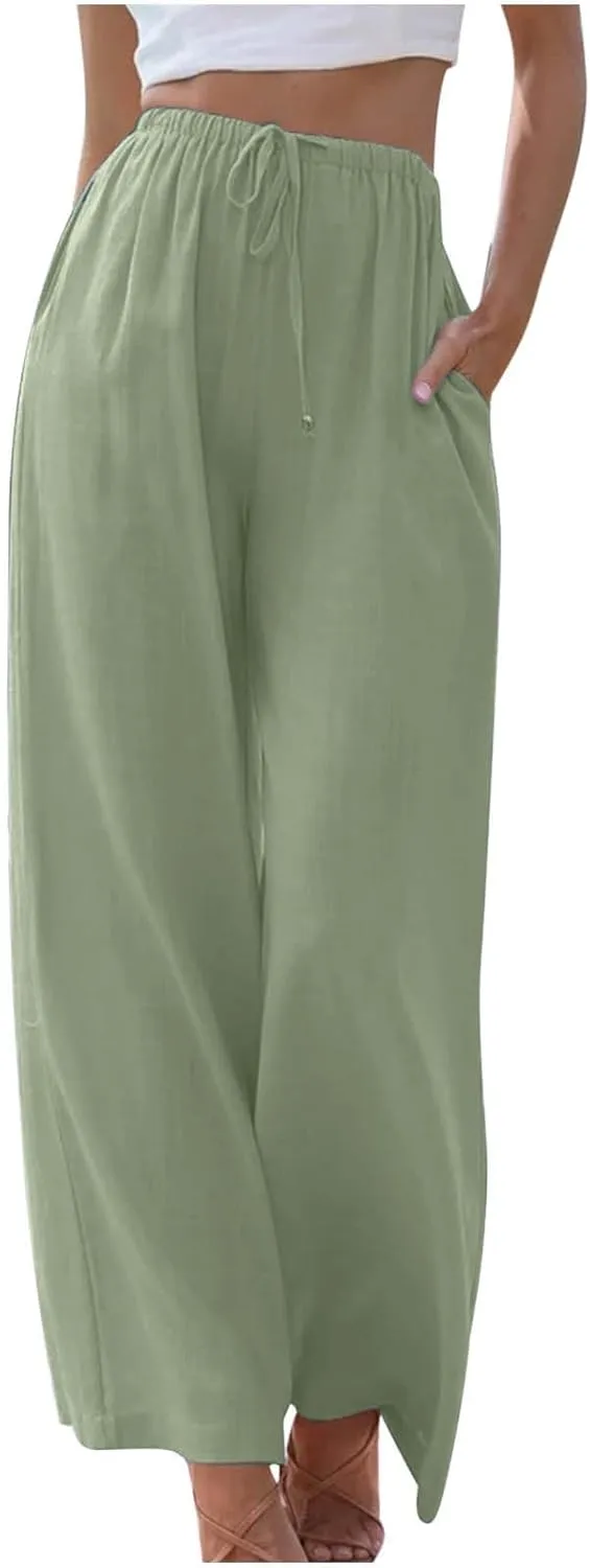 Women's Casual Solid Color Linen Trousers Comfortable Elastic High Waist Wide Leg Casual Straight Length Pants 2025