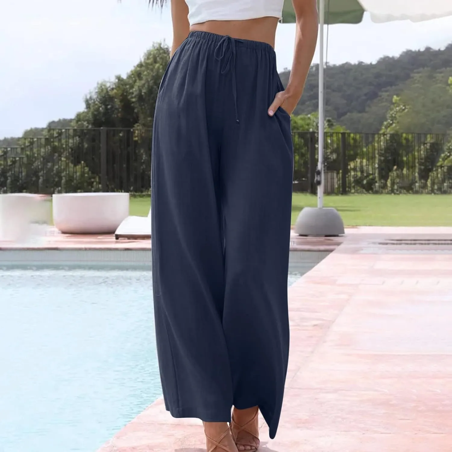 Women's Casual Solid Color Linen Trousers Comfortable Elastic High Waist Wide Leg Casual Straight Length Pants 2025