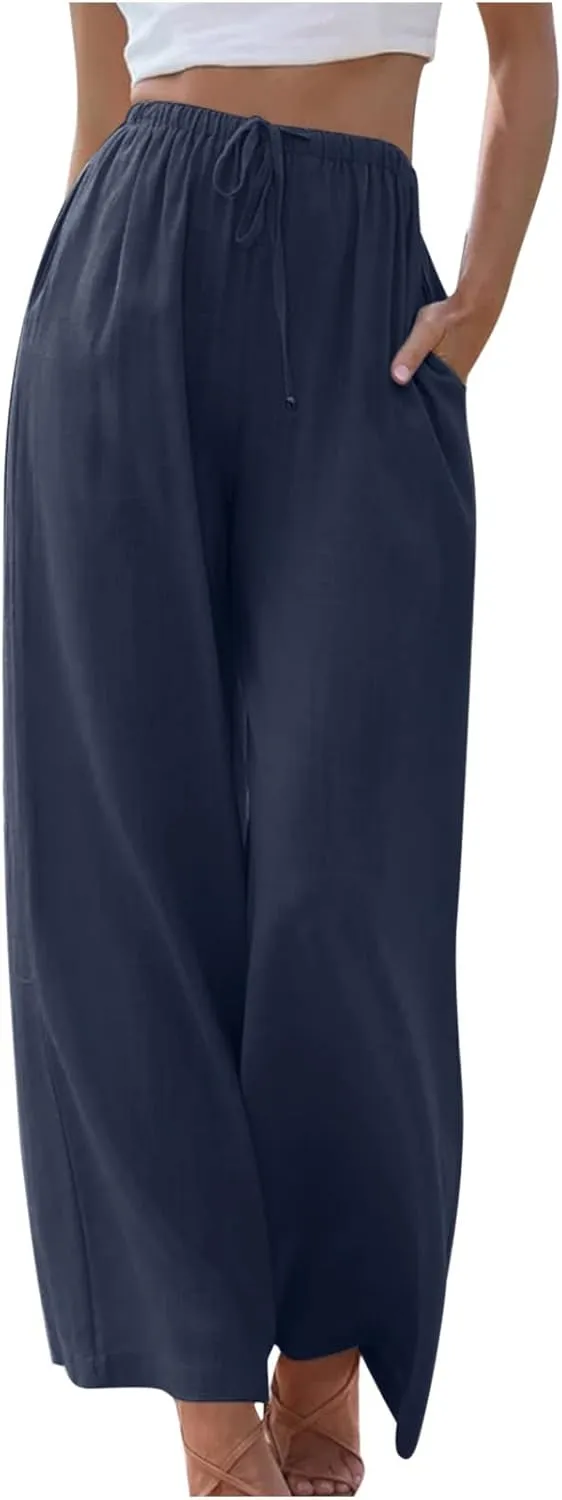Women's Casual Solid Color Linen Trousers Comfortable Elastic High Waist Wide Leg Casual Straight Length Pants 2025