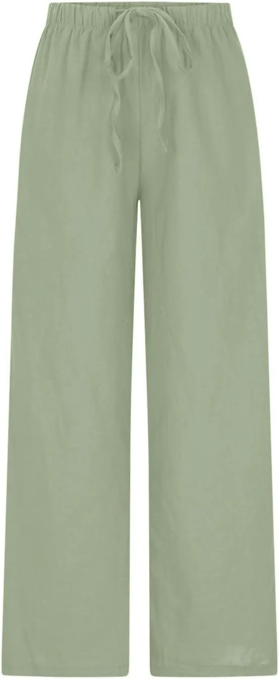 Women's Casual Solid Color Linen Trousers Comfortable Elastic High Waist Wide Leg Casual Straight Length Pants 2025