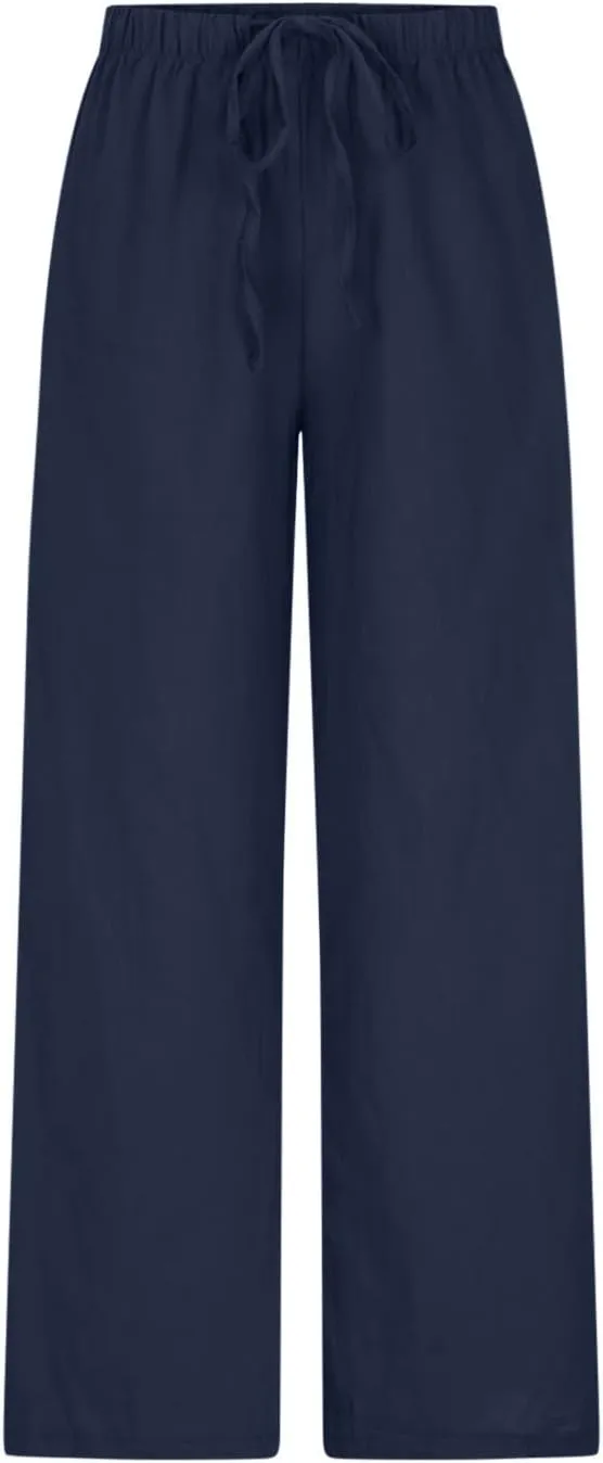 Women's Casual Solid Color Linen Trousers Comfortable Elastic High Waist Wide Leg Casual Straight Length Pants 2025