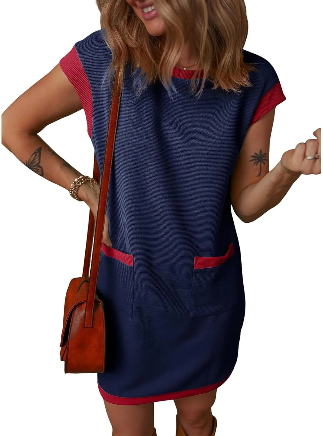 Women's Casual Summer Dress Contrast Color Elegant Short Sleeve Knit Crewneck Mini Dress with Pocket
