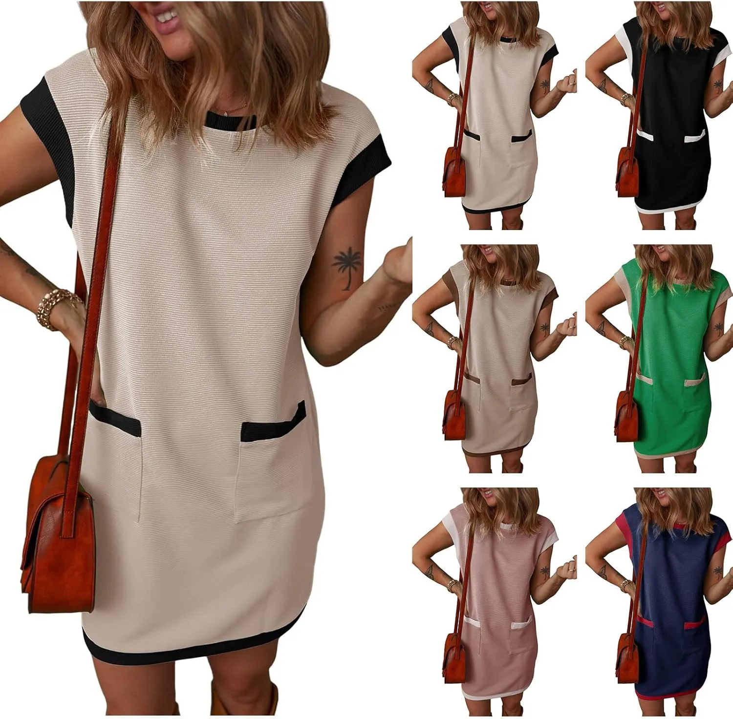 Women's Casual Summer Dress Contrast Color Elegant Short Sleeve Knit Crewneck Mini Dress with Pocket