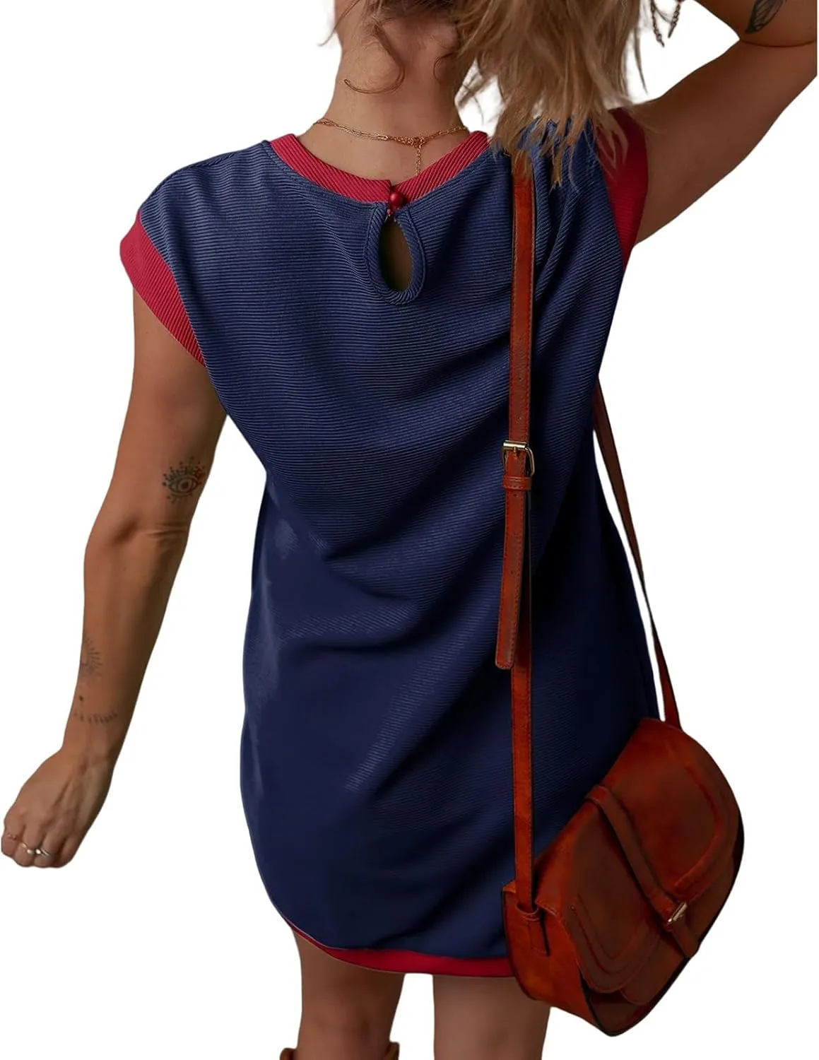 Women's Casual Summer Dress Contrast Color Elegant Short Sleeve Knit Crewneck Mini Dress with Pocket