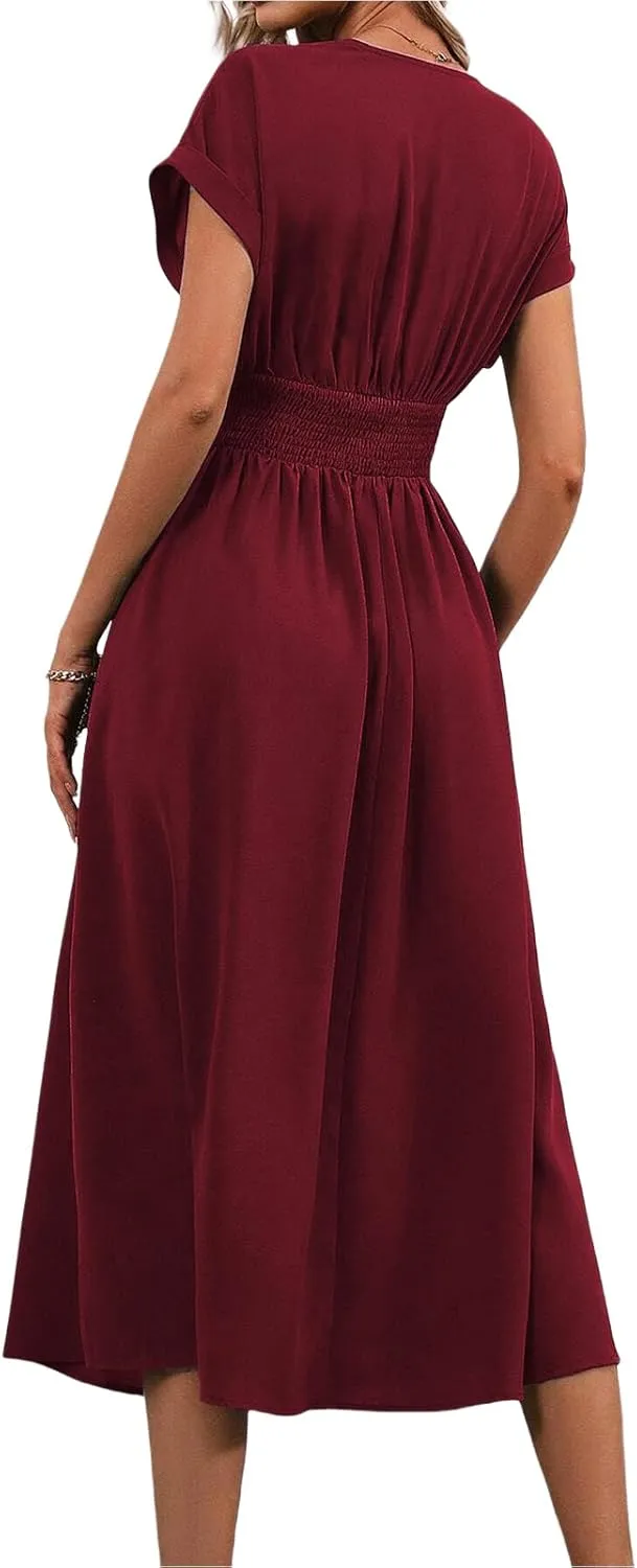 Women's Cocktail Dresses V Neck Bat Short Sleeve Dress Empire Waist Maxi Dress Summer Elegant Flowy Wedding Dresses