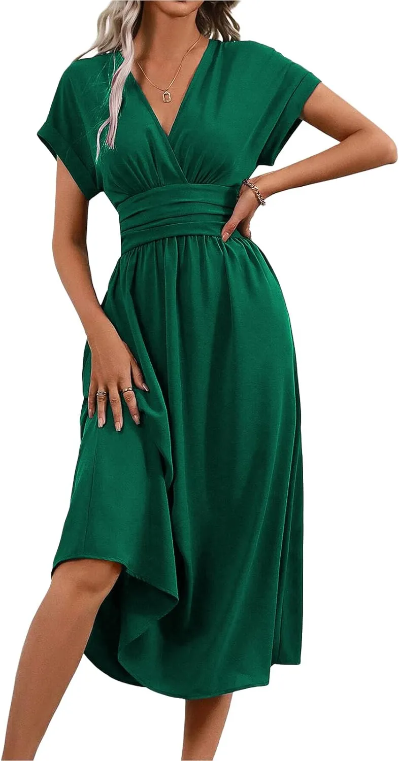 Women's Cocktail Dresses V Neck Bat Short Sleeve Dress Empire Waist Maxi Dress Summer Elegant Flowy Wedding Dresses