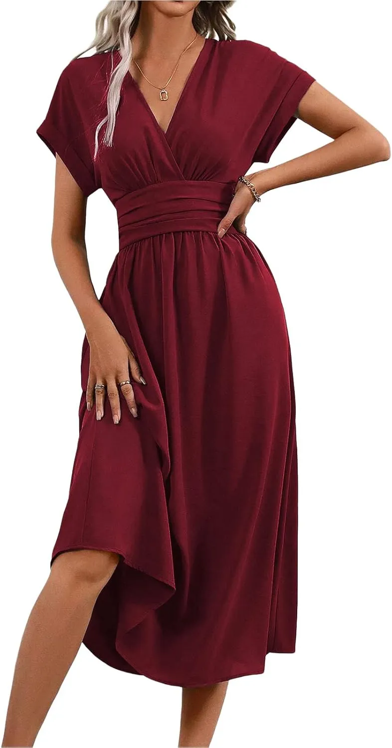 Women's Cocktail Dresses V Neck Bat Short Sleeve Dress Empire Waist Maxi Dress Summer Elegant Flowy Wedding Dresses