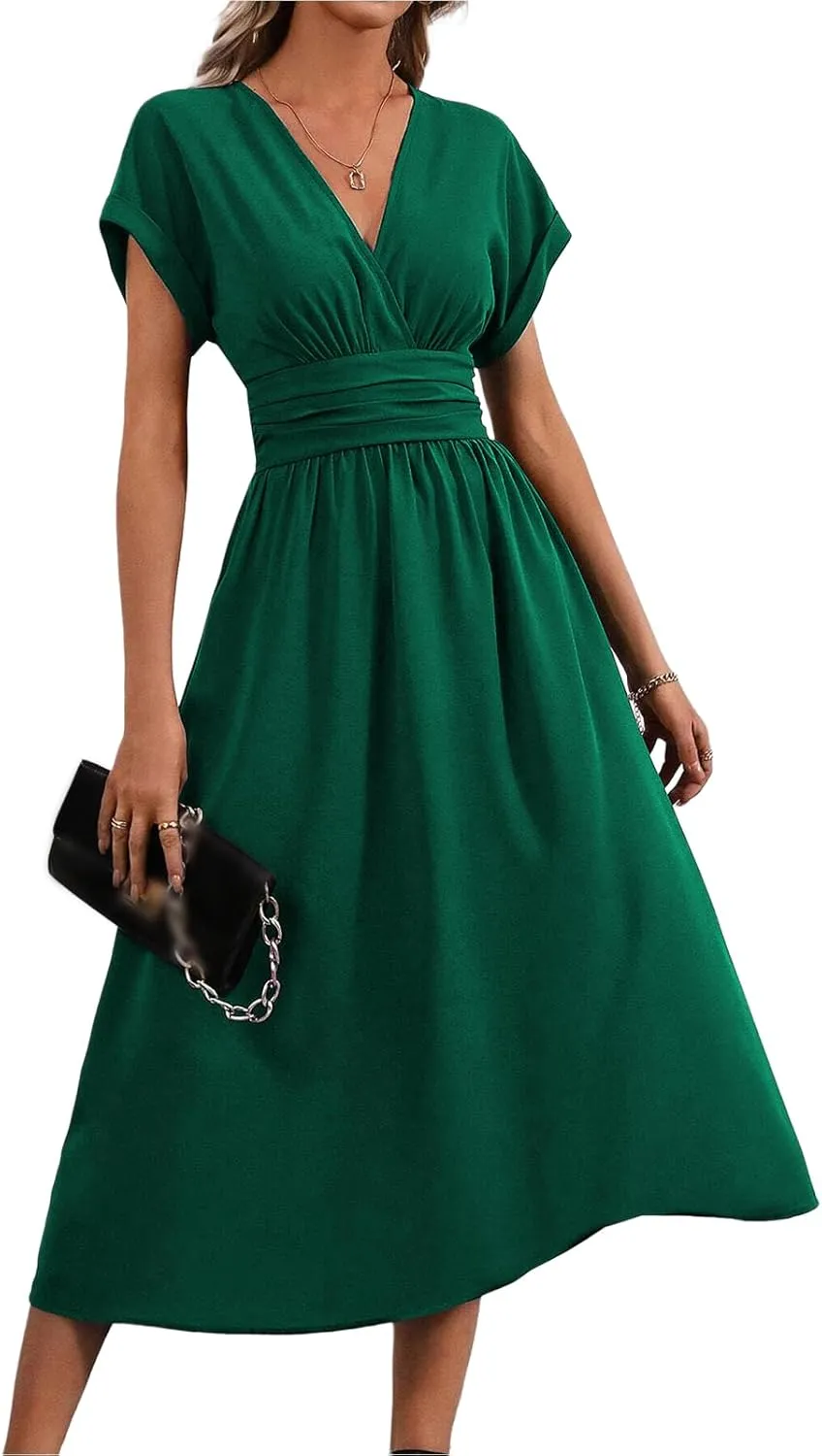 Women's Cocktail Dresses V Neck Bat Short Sleeve Dress Empire Waist Maxi Dress Summer Elegant Flowy Wedding Dresses