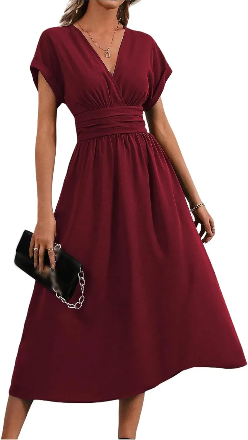 Women's Cocktail Dresses V Neck Bat Short Sleeve Dress Empire Waist Maxi Dress Summer Elegant Flowy Wedding Dresses