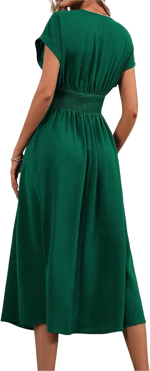 Women's Cocktail Dresses V Neck Bat Short Sleeve Dress Empire Waist Maxi Dress Summer Elegant Flowy Wedding Dresses
