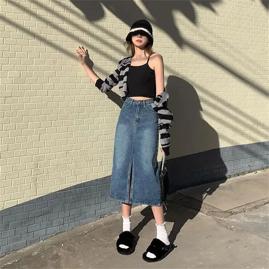 Women's Denim Skirt High Fanny Pack Hip Retro Straight Loose A-Line Mid-Length Skirt Girl Comfortable