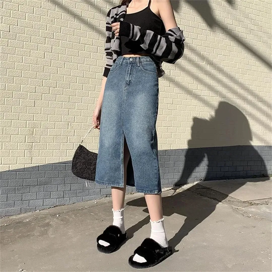 Women's Denim Skirt High Fanny Pack Hip Retro Straight Loose A-Line Mid-Length Skirt Girl Comfortable