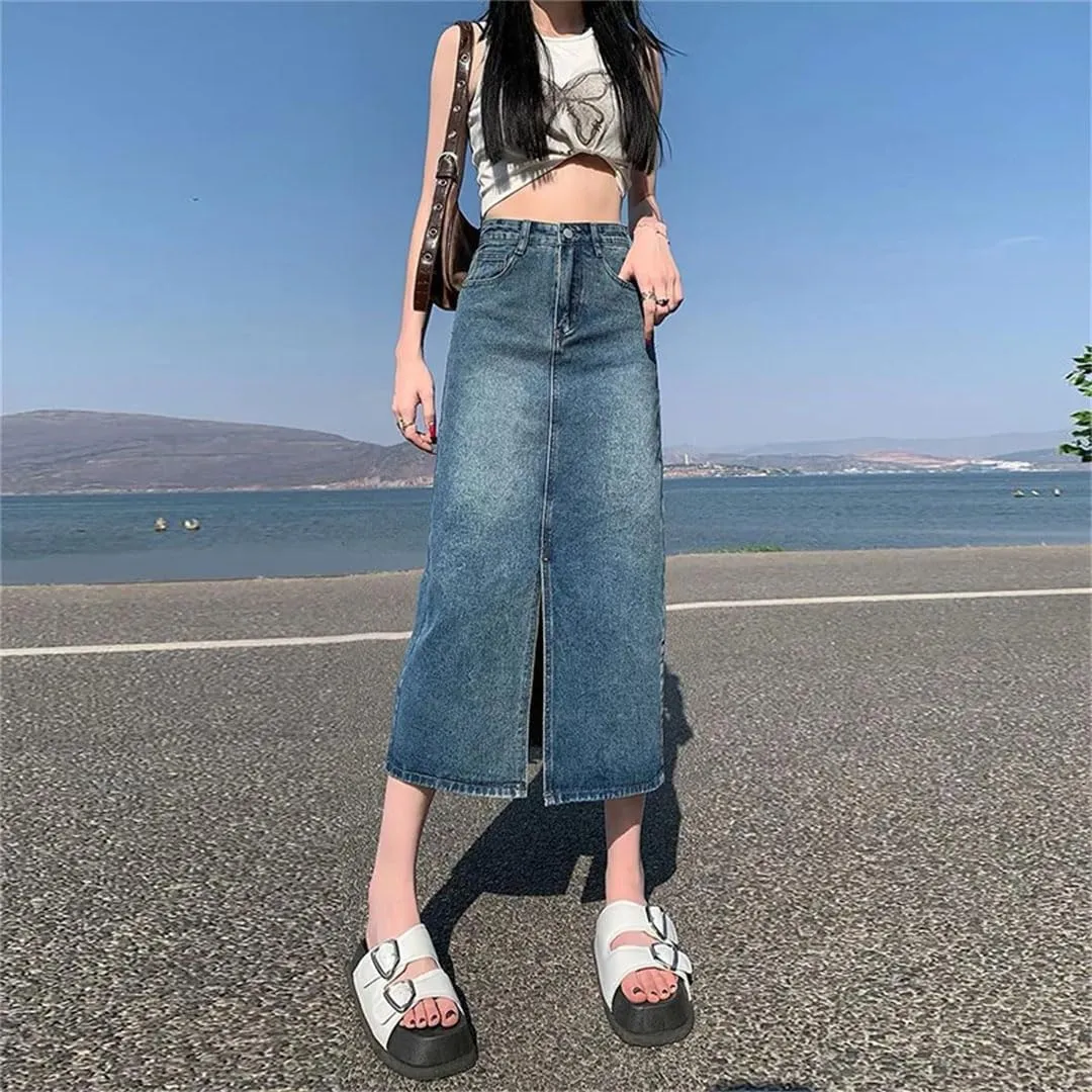 Women's Denim Skirt High Fanny Pack Hip Retro Straight Loose A-Line Mid-Length Skirt Girl Comfortable