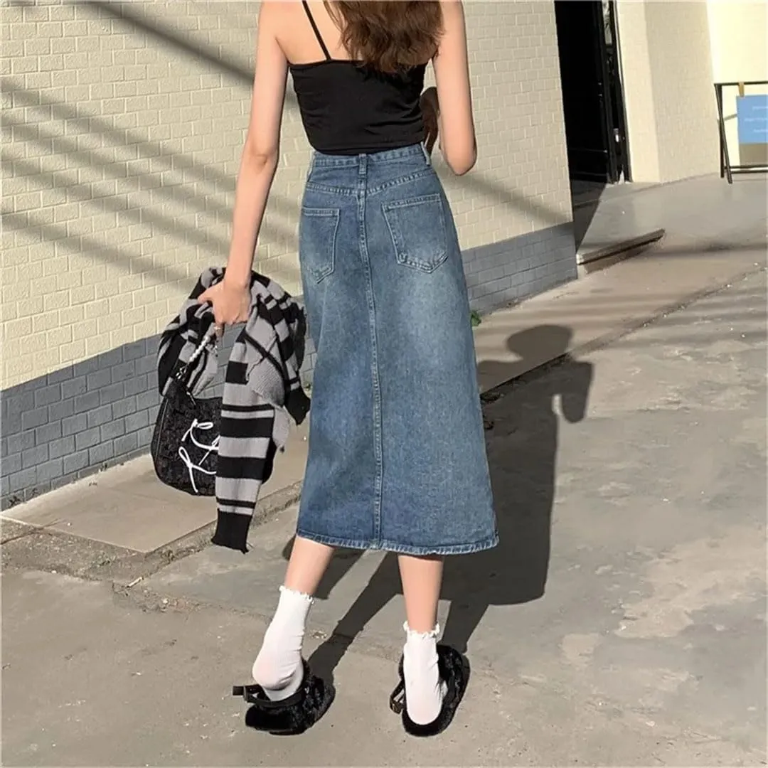 Women's Denim Skirt High Fanny Pack Hip Retro Straight Loose A-Line Mid-Length Skirt Girl Comfortable