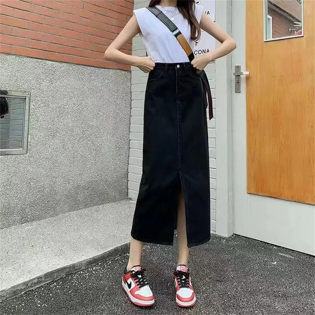 Women's Denim Skirt High Fanny Pack Hip Retro Straight Loose A-Line Mid-Length Skirt Girl Comfortable