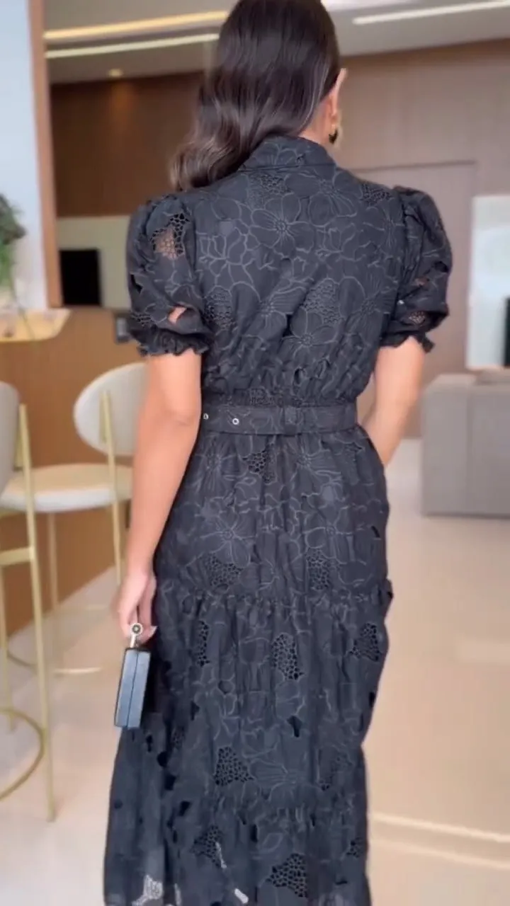 Women's Fashion Solid Color V-neck Lace Maxi Dress