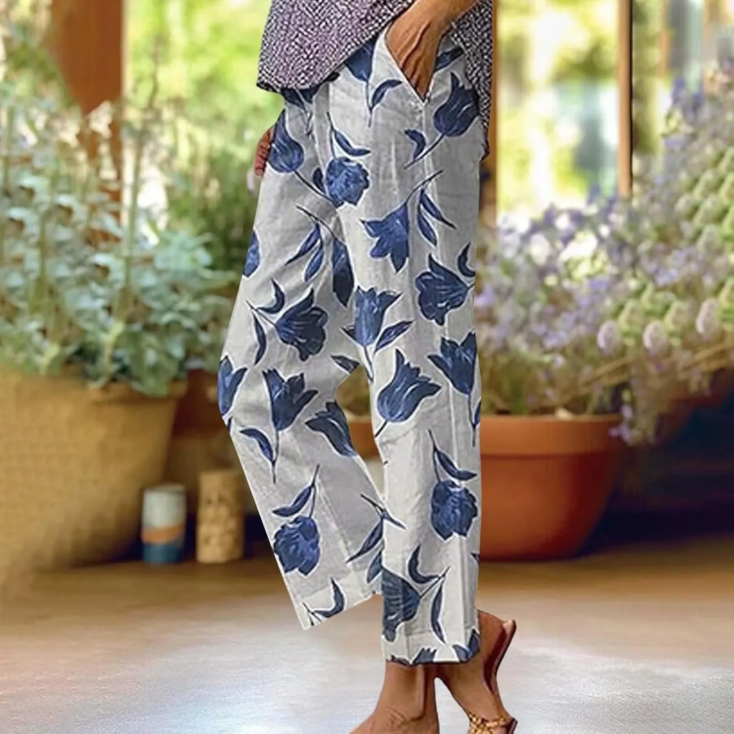 Women's Linen Pants with Pockets Flower Flower Casual Loose Comfortable Cotton Linen Womens Linen Pants Straight Leg