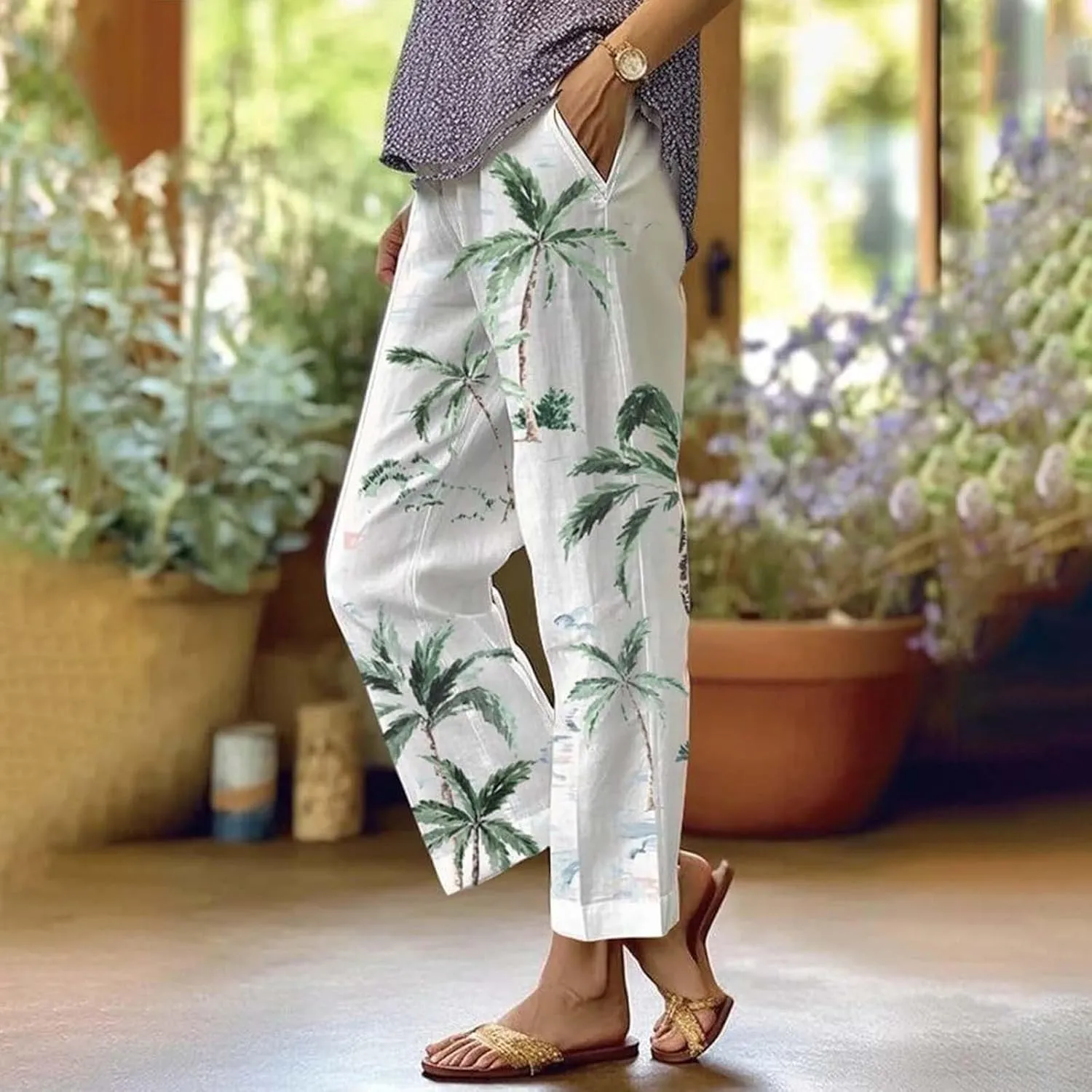 Women's Linen Pants with Pockets Flower Flower Casual Loose Comfortable Cotton Linen Womens Linen Pants Straight Leg