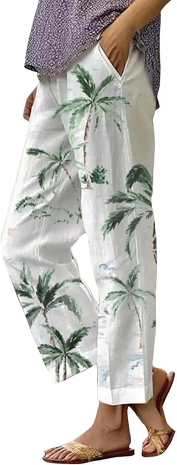 Women's Linen Pants with Pockets Flower Flower Casual Loose Comfortable Cotton Linen Womens Linen Pants Straight Leg