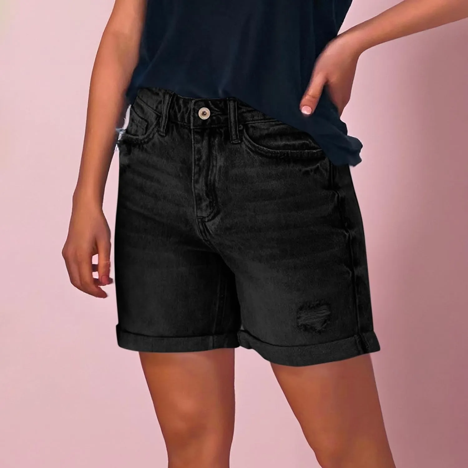 Women's Mid-High Waisted Ripped Denim Shorts Comfortable Ripped Jean Shorts Cutoff Stretchy Summer Hot Short Pants