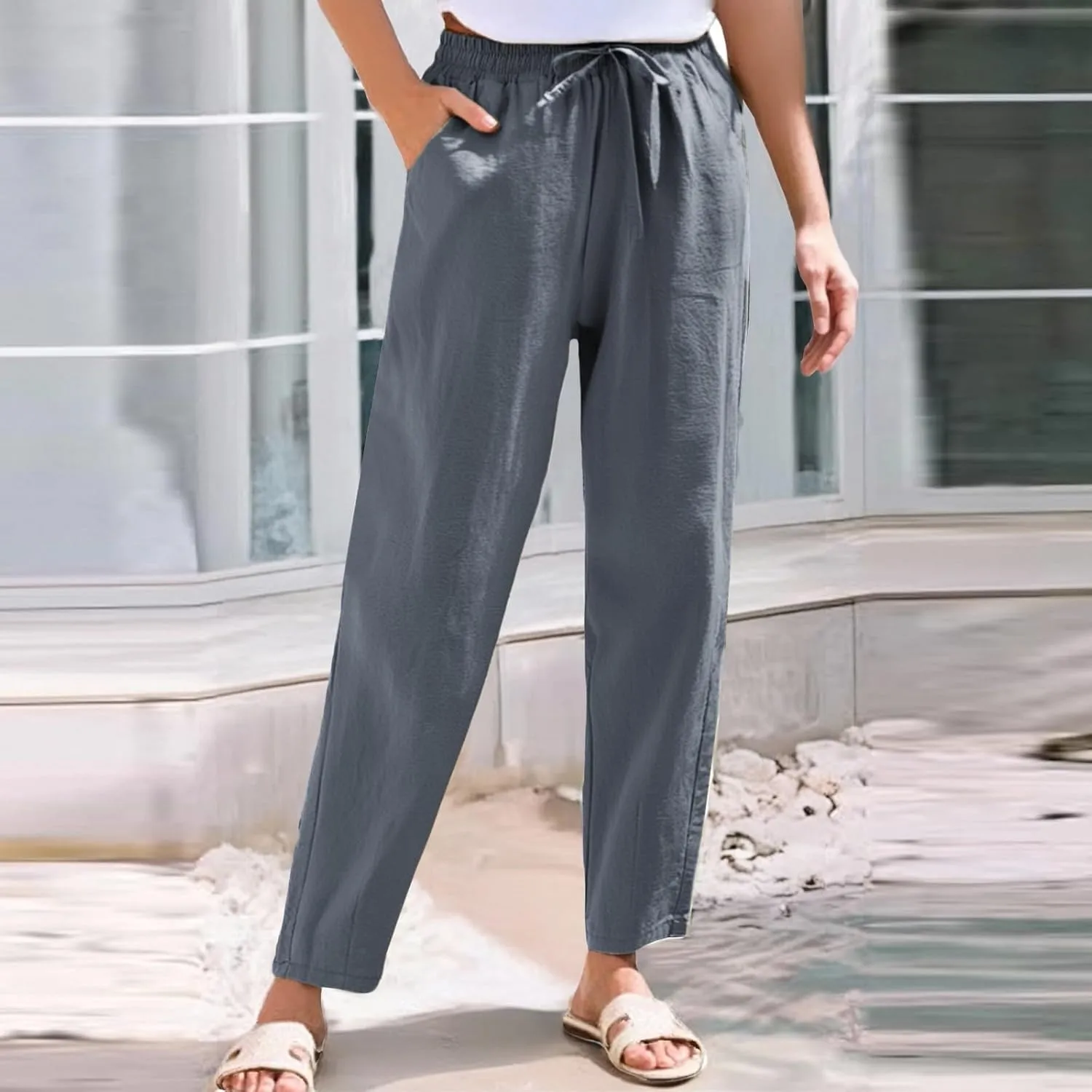 Womens Sweatpants, Peasant Pants Casual Straight Leg Plus Size Linen Lounge Stretchy